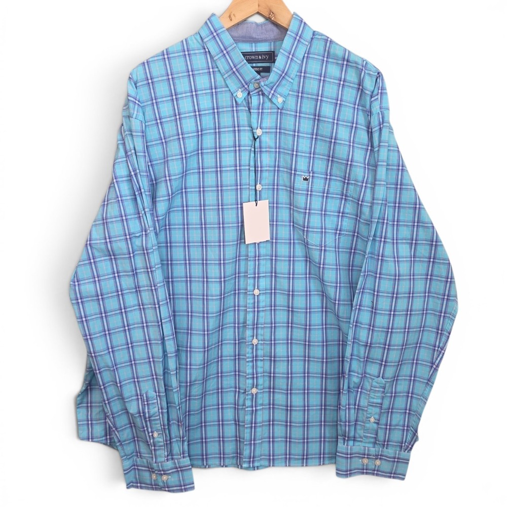 Crown‎ & Ivy Shirt Mens XXL 2XL Blue Button Down Plaid Classic Fit Long Sleeve